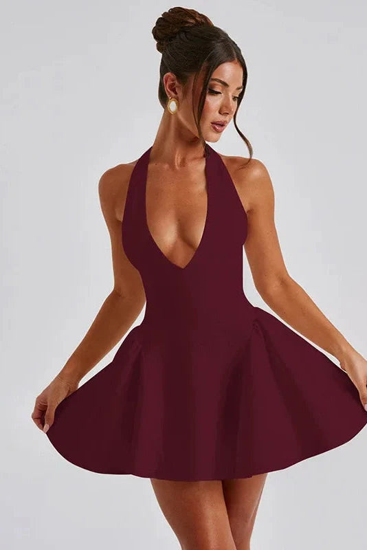 Deep V Neck Sleeveless Backless High Waist A-line Mini Dress