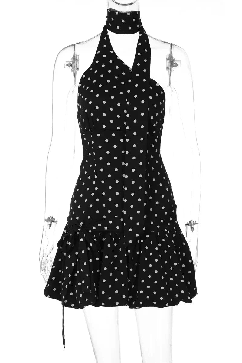 Elegant Scarf Polka Dot Backless Mini Dress
