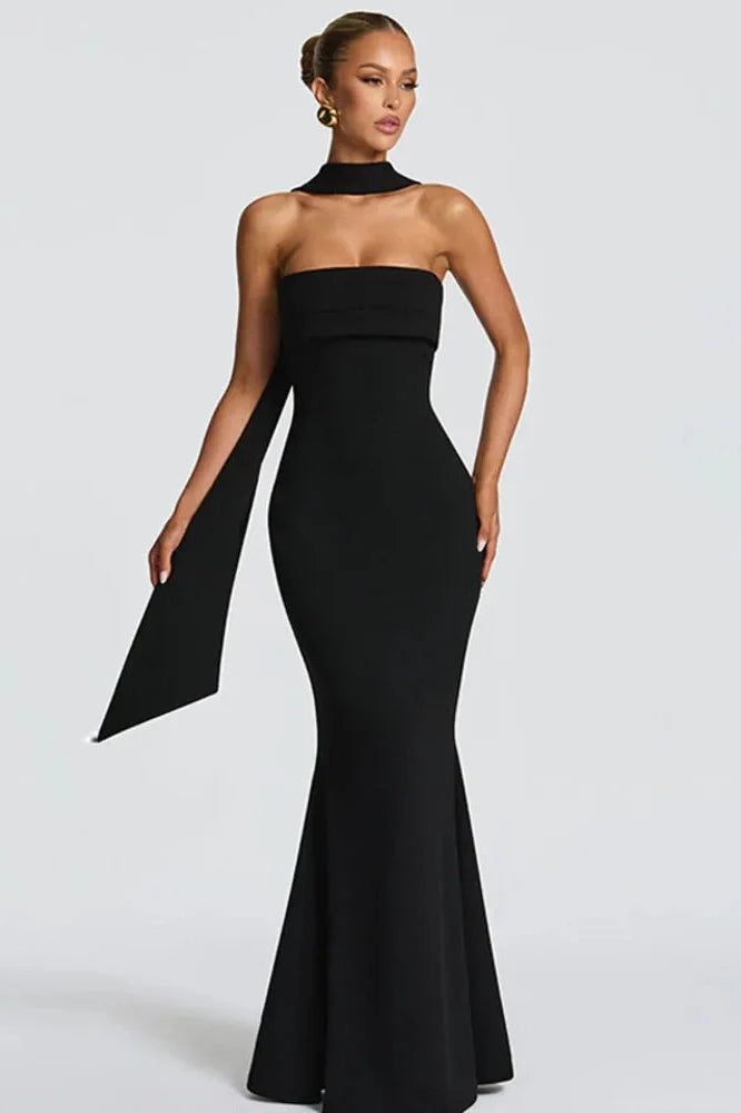 Off-Shoulder Strapless Scarf Collar Sleeveless Backless Bodycon Maxi Dress