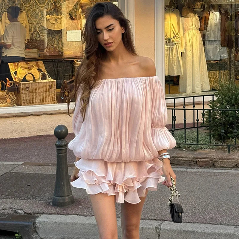 One Shoulder Pleated Long Sleeve Mini Dress