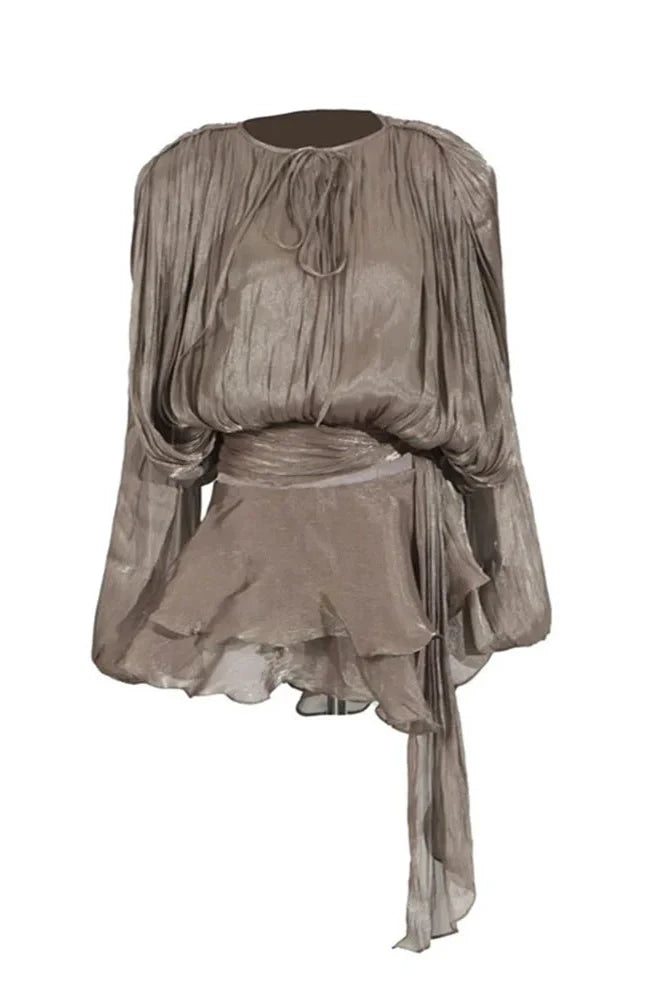 Elegant Pleated Long Sleeve High Waist Mini Dress