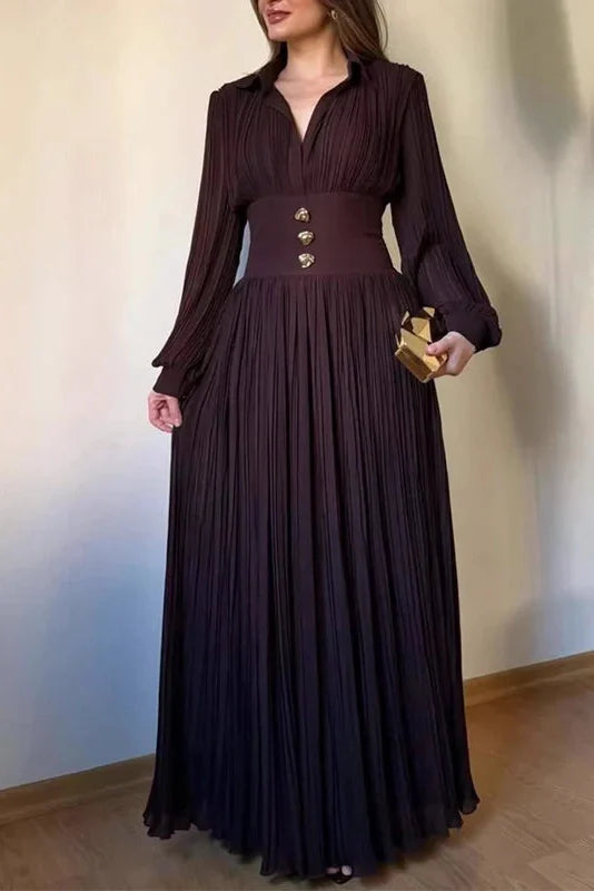 Long Sleeve High Waist Pleated V-Neck Maxi Dress