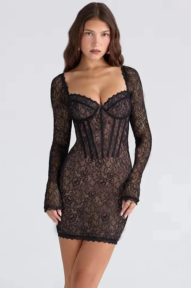 Lace Long Sleeve Square Collar Strapless Split Bodycon Maxi Dress