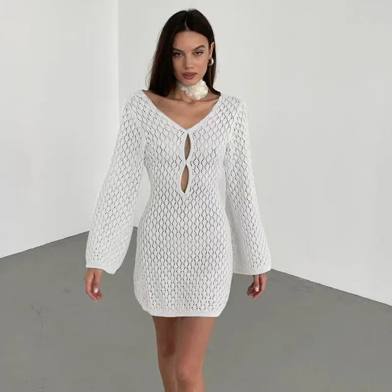 Hollow Out Long Sleeve Backless Mini Dress