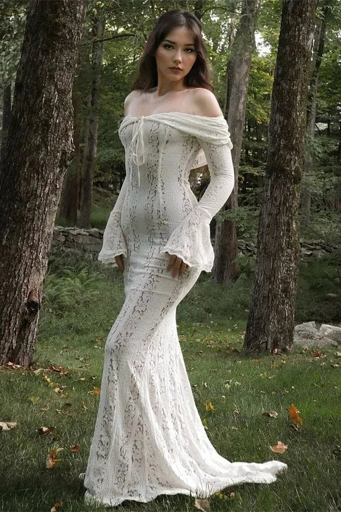 Off-Shoulder See-Through Printed Lace-Up High Waist Maxi Dress