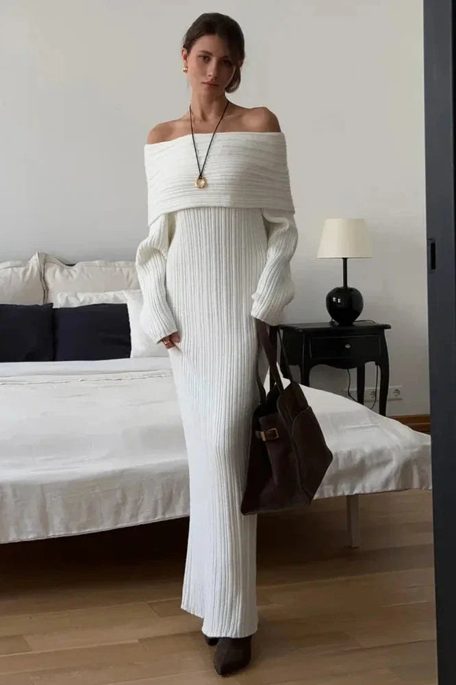 Knitted Off-Shoulder Long-Sleeved Slim High Waist Backless Maxi Dress