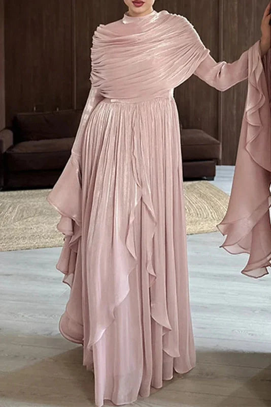 Elegant O-Neck High Waist Pleated Irregular Maxi Dress