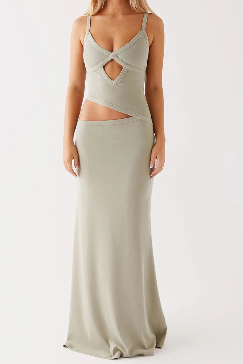 Hollowed Sleeveless V-Neck Backless Maxi Dress