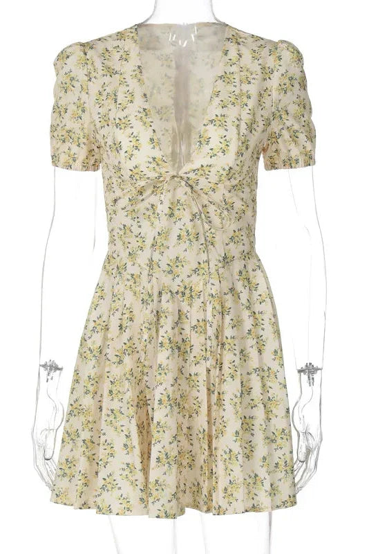 Deep V Neck Print Lace-up Short Sleeve A-line Mini Dress