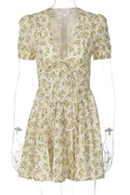 Deep V Neck Print Lace-up Short Sleeve A-line Mini Dress