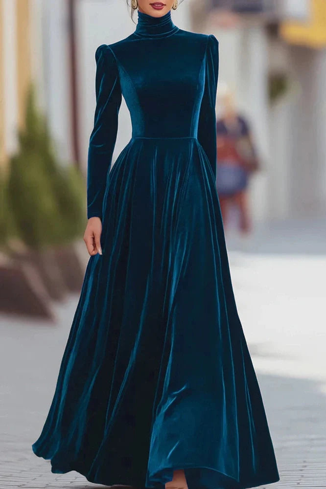 Elegant High Collar Long Sleeve Slim Pleated Maxi Dress