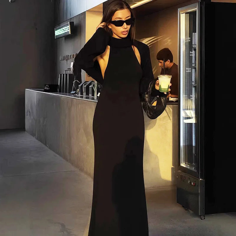 Sleeveless High Neck Backless Patchwork Maxi Dress