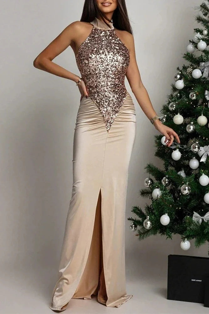 Elegant Hollow Out Bodycon Pleat Sleeveless Maxi Dress