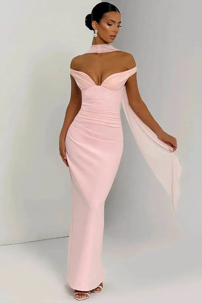 Scarf Collar Off-Shoulder Strapless Backless Maxi Dress