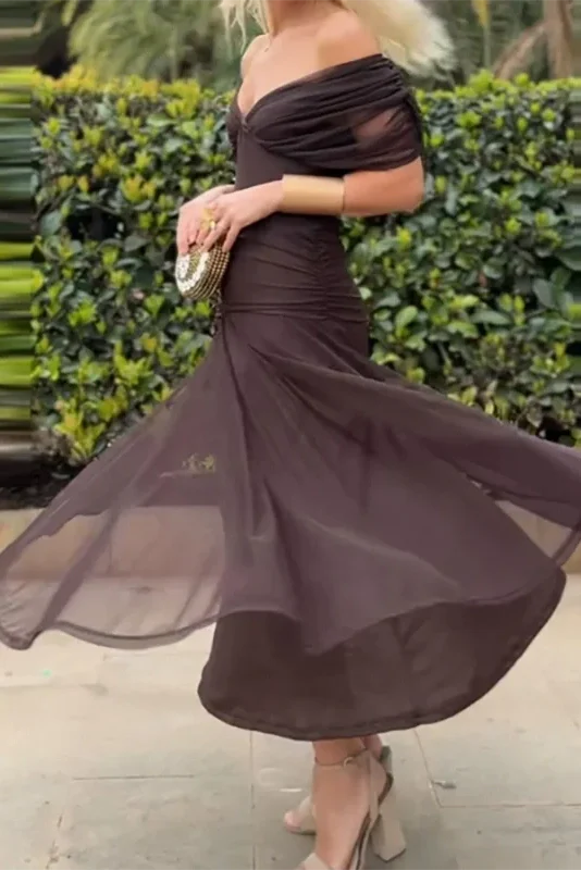 Printed Shawl Sleeve High Waist Pleated V-Neck Off Shoulder Maxi Dress