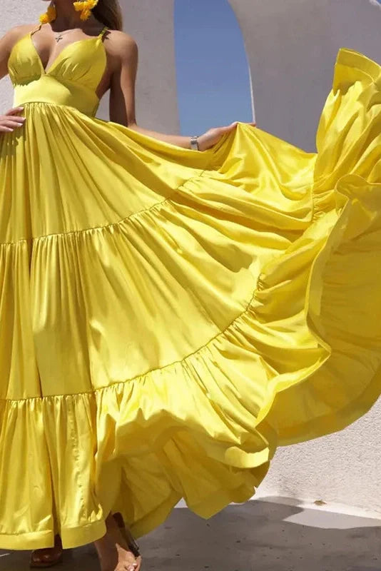 Pleated V-Neck Sleeveless High Waist Maxi Dress