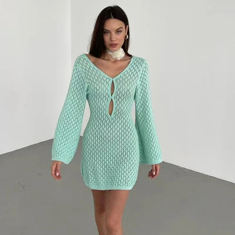 Hollow Out Long Sleeve Backless Mini Dress