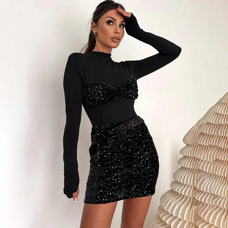 Hollow Out High Neck Lace Up Patchwork Mini Dress
