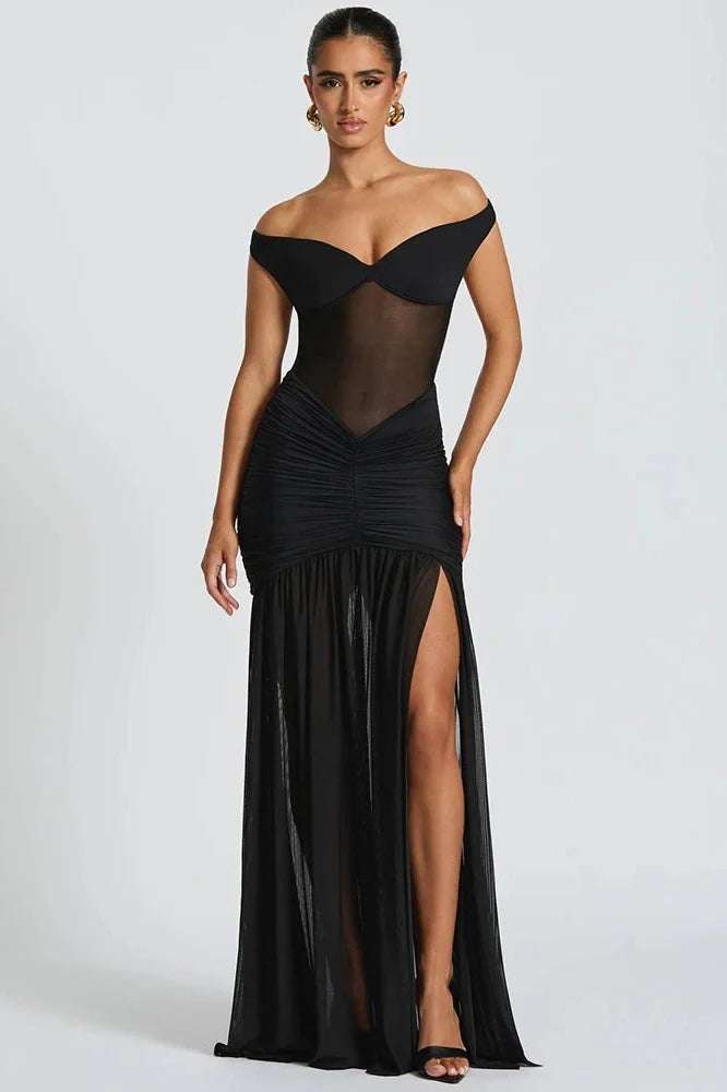 Off-Shoulder Backless Sleeveless High Split Maxi Dress