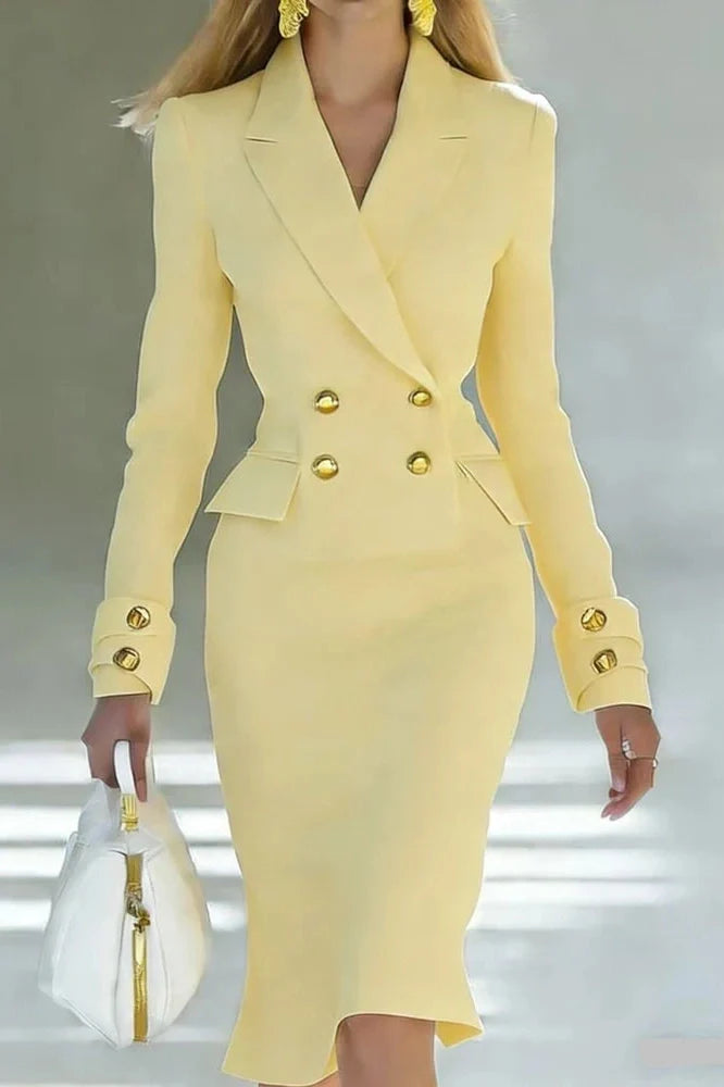 Elegant Long Sleeve V-Neck High Waist Slim Midi Dress