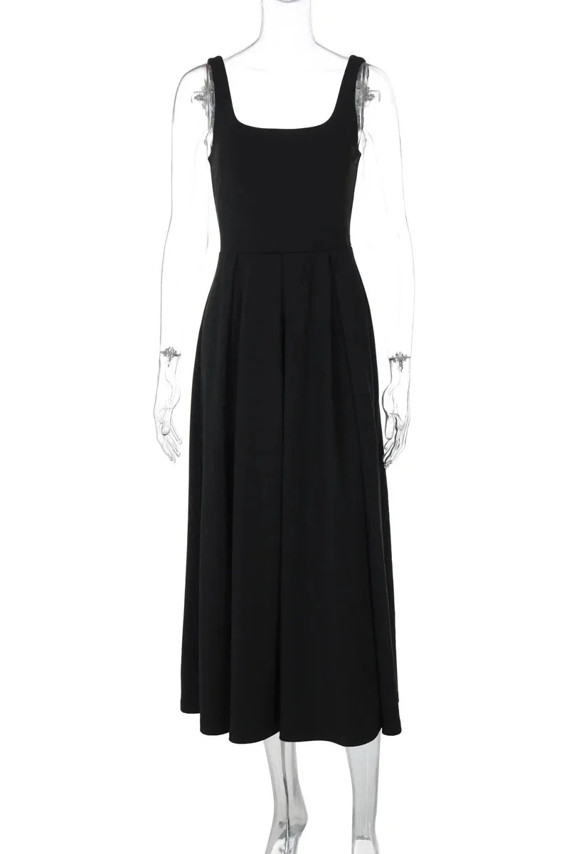 Elegant Square Collar Sleeveless High Waist Pleated Maxi Dress