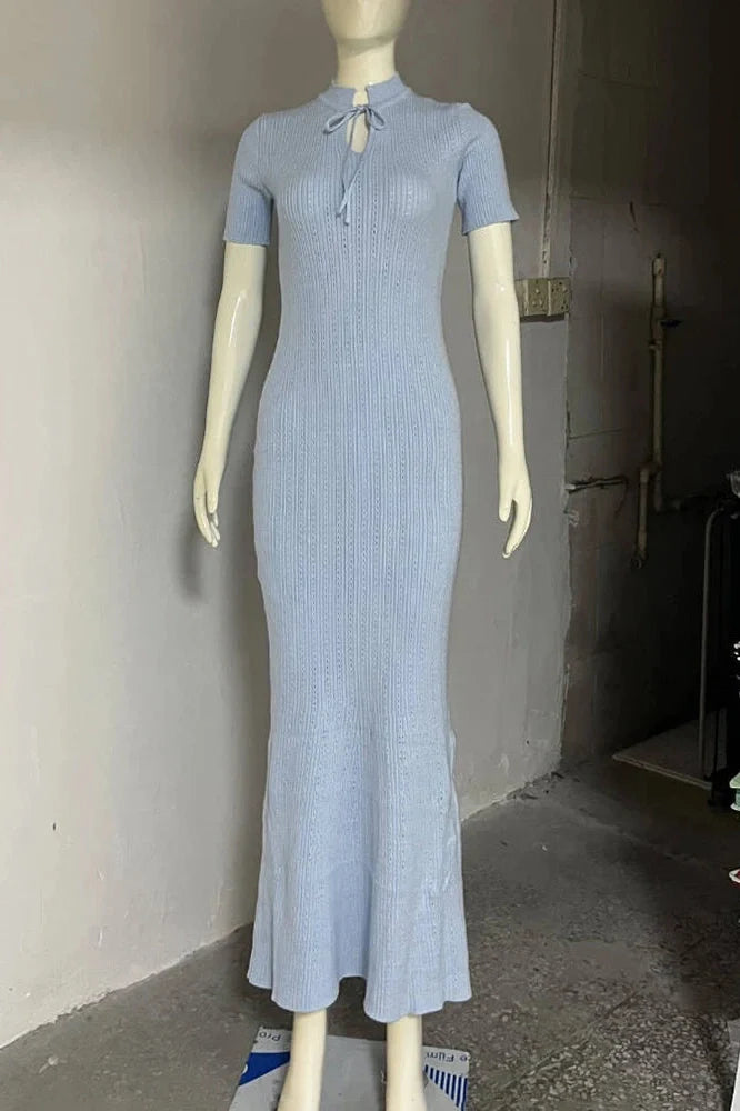 Hollow-Out Short Sleeve Knitted Slim High Waist Maxi Dress
