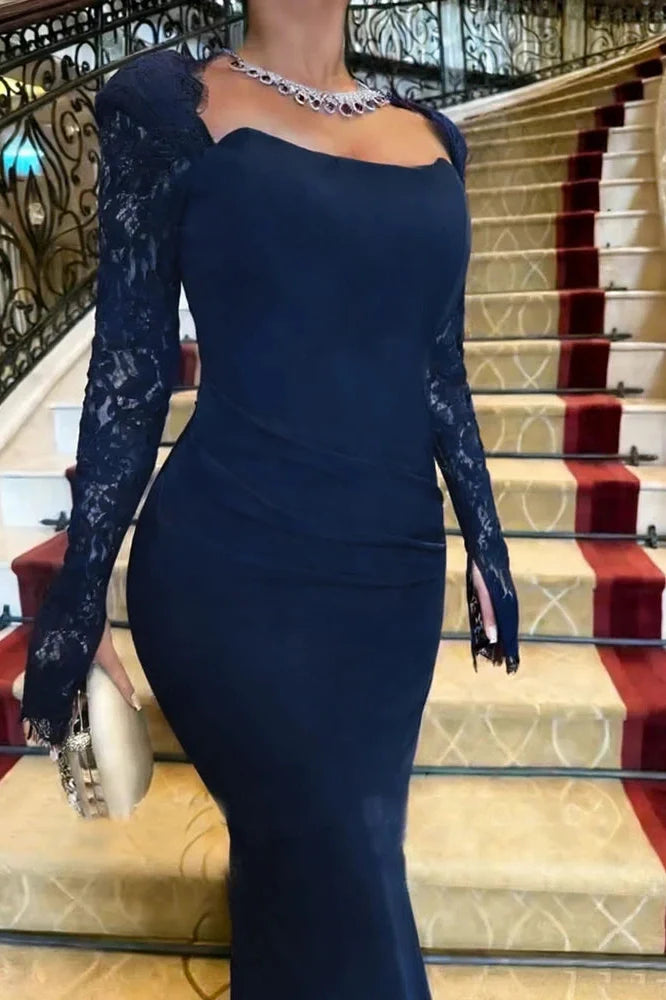 Long Sleeve Pleated Bodycon Square Collar Lace Slim Maxi Dress