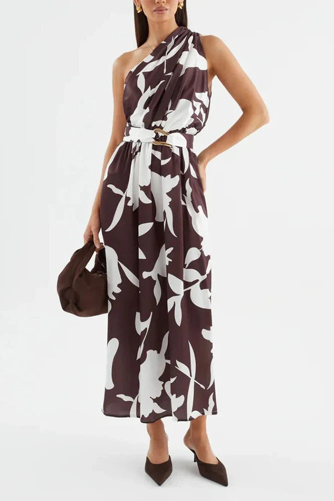 One Shoulder High Waist Pleated Sleeveless Maxi Dress