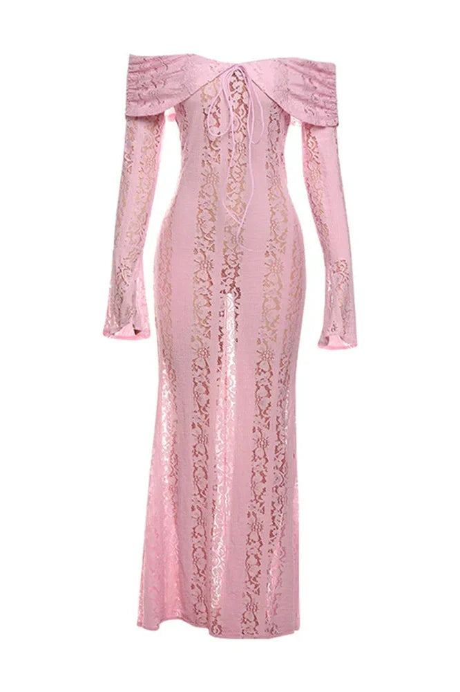 Off-Shoulder See-Through Printed Lace-Up High Waist Maxi Dress