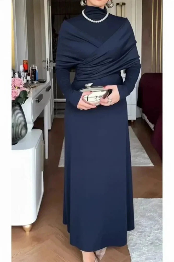 Elegant High Waist Long Sleeve Slim Pleated Irregular Maxi Dress
