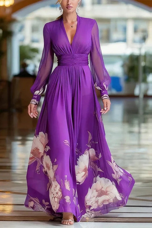 Floral Print High Waist V-Neck Long Sleeve Pleated Maxi Dress