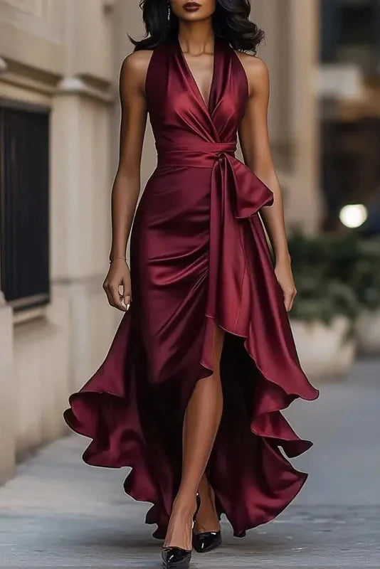 Lace Up Off Shoulder V-Neck Slim Pleated Irregular Maxi Dress