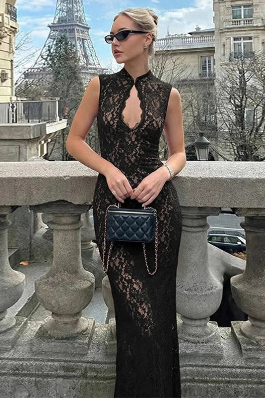 Hollow Out Lace Sleeveless Slim Maxi Dress