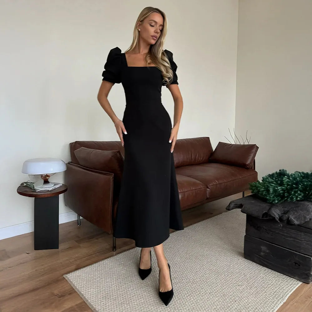 Square Collar Slim Short Sleeve High Waist Midi Dress
