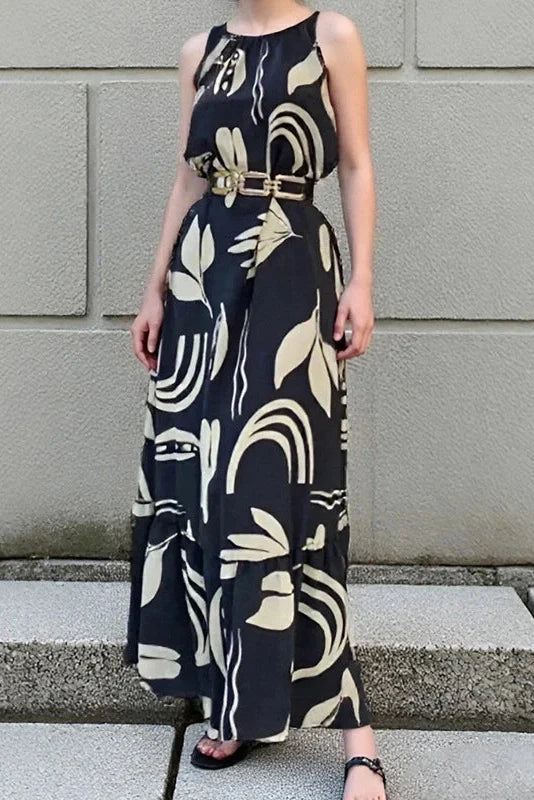 O-Neck Sleeveless Pleated High Waist Printed Maxi Dress