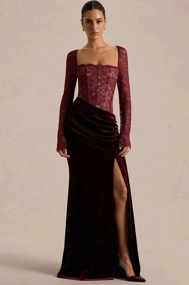 Lace Velvet Square-Neck See Through Long Sleeve Split Maxi Dress