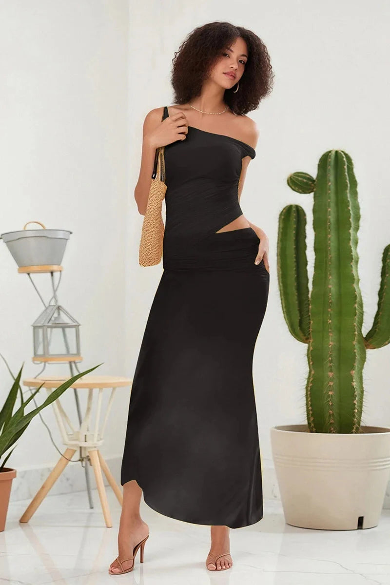 Bodycon Slim One-Shoulder Patchwork Maxi Dress