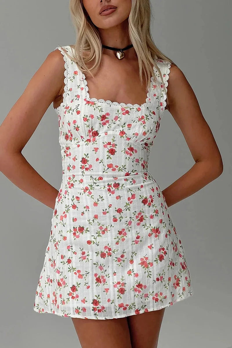 Square Neck Slim Fit Lace A-Line Sleeveless Mini Dress