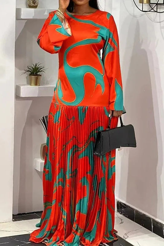 Long Sleeve High Waist Printed O-Neck Maxi Dress