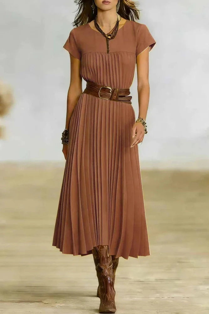 O-Neck Short Sleeve Pleated Loose High Waist Midi Dress