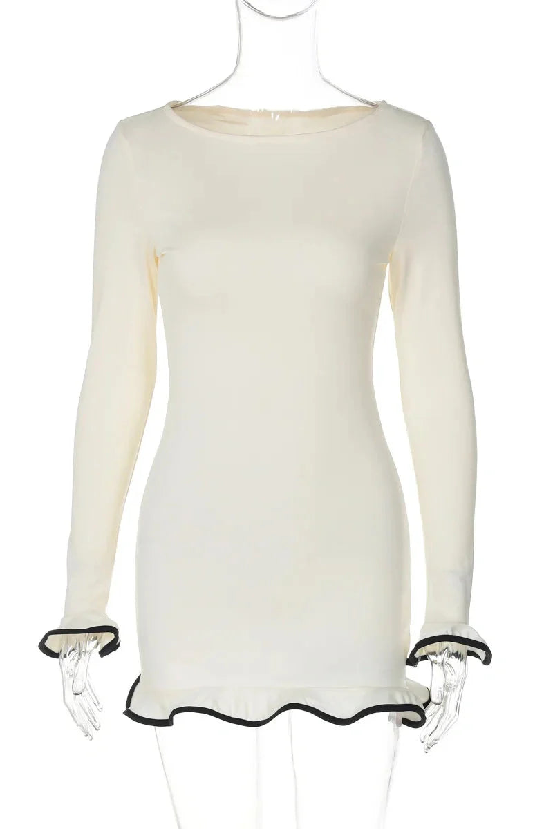 Elegant Slim Fit Patchwork Long Sleeve Backless Midi Dress