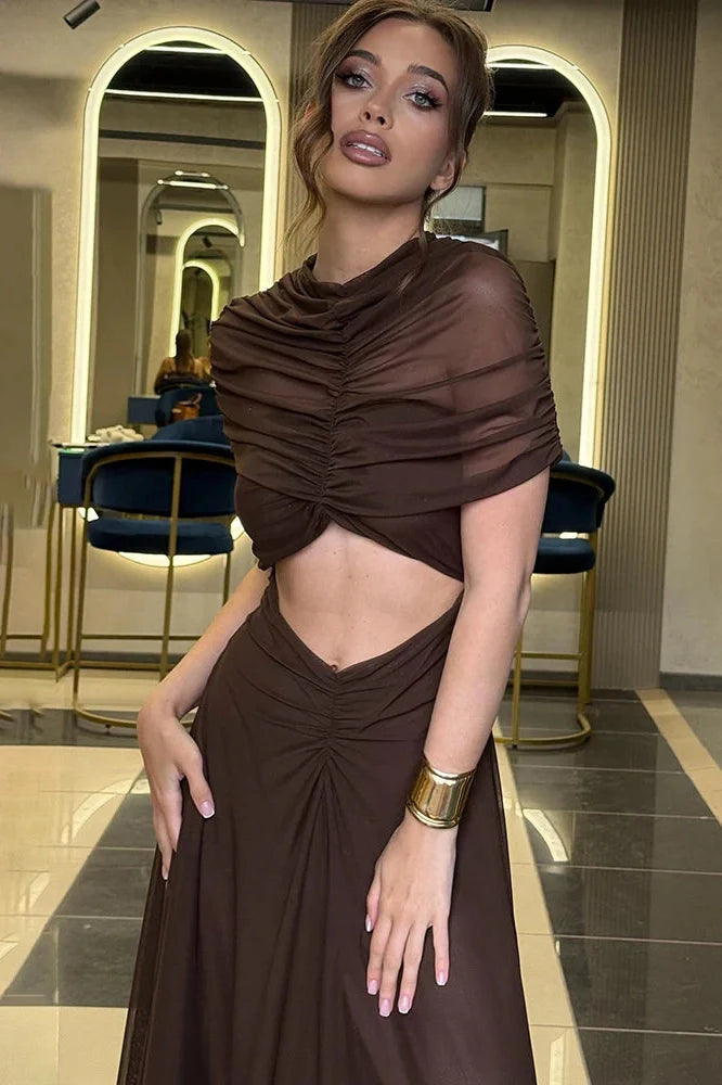 Hollow Out Short Sleeve O Neck High Waist Bodycon Maxi Dress