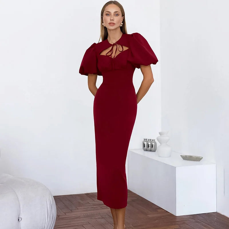 Elegant Hollow Out Lace-Up Patchwork Maxi Dress