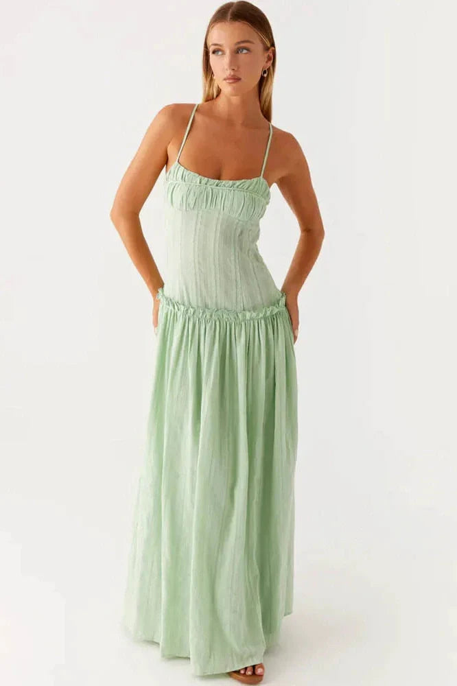 Spaghetti Strap Sleeveless Backless Pleated Maxi Dress