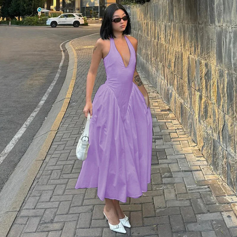 Deep V Neck A-Line Pleated Midi Dress