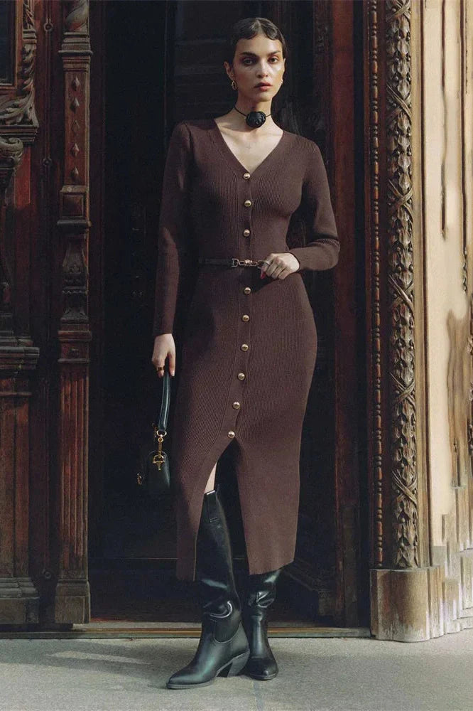 V-Neck Knit Patchwork Slim Midi Dress