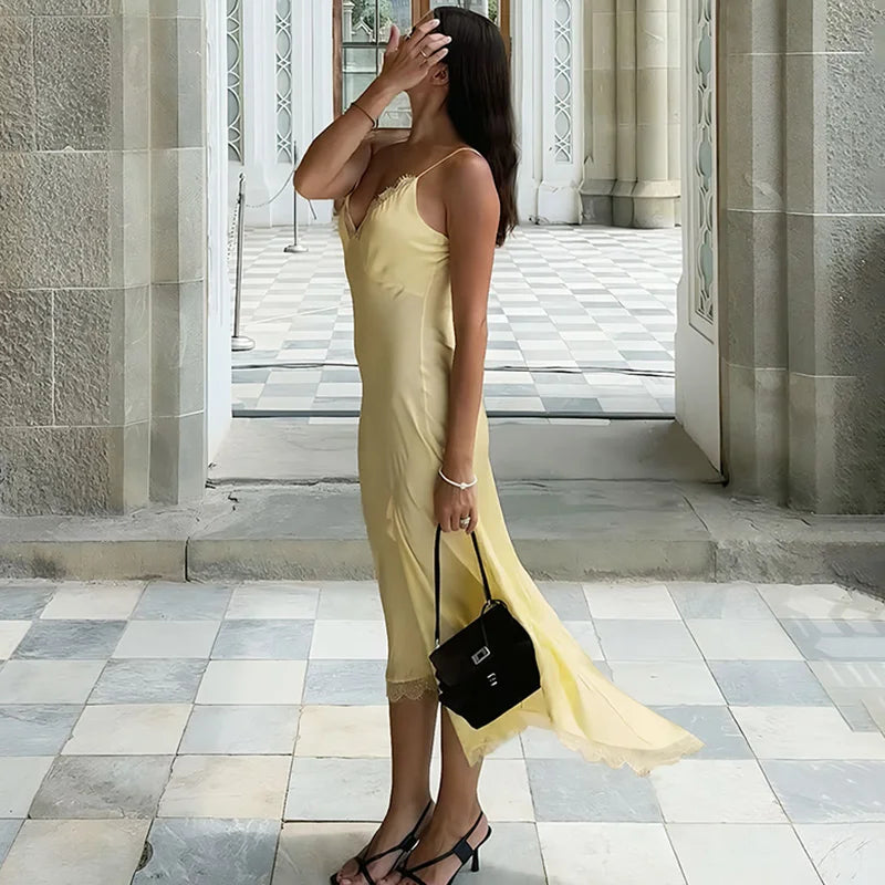 Lace Patchwork Backless Sleeveless Midi Dress