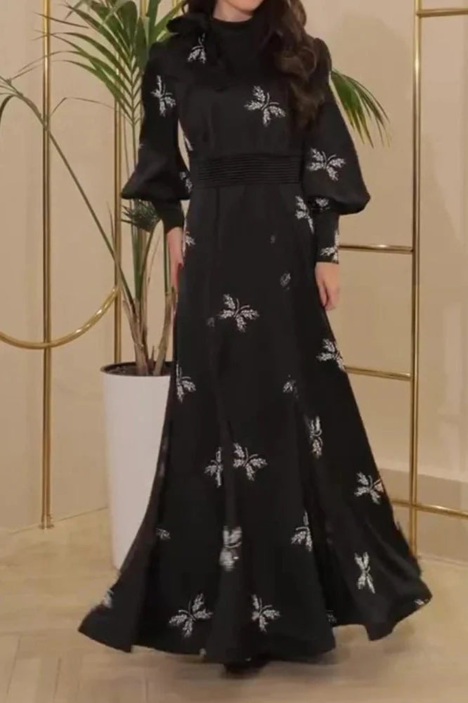 Elegant Printed Pleated High Waist Long Sleeve Slim Maxi Dress