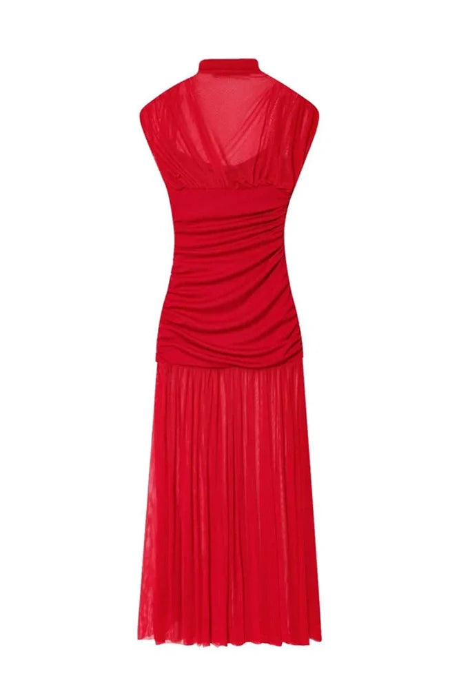 Sleeveless See-Through Patchwork Pleated Maxi Dress