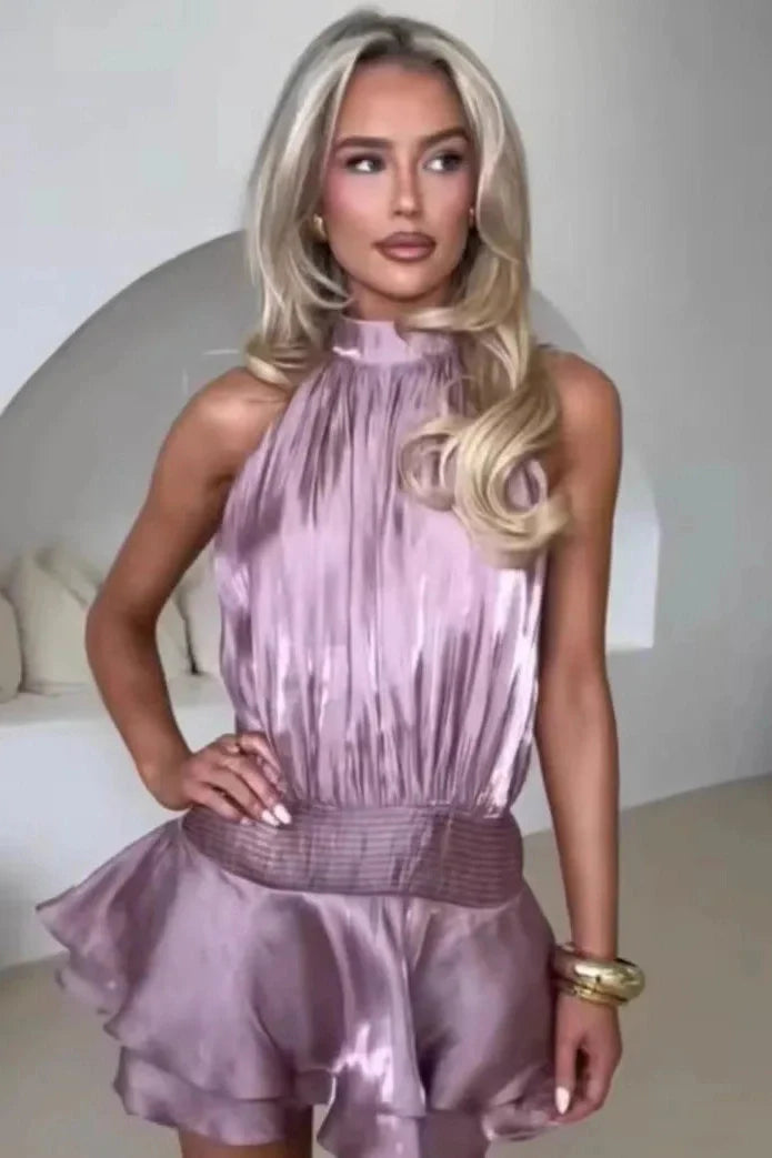 Elegant Pleated Backless Sleeveless High Waist Mini Dress